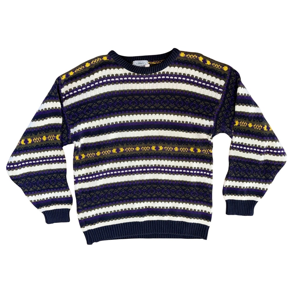 90s Free Fall Striped Knit Fisherman Sweater Purple Navy Blue Mens XL USA Cotton